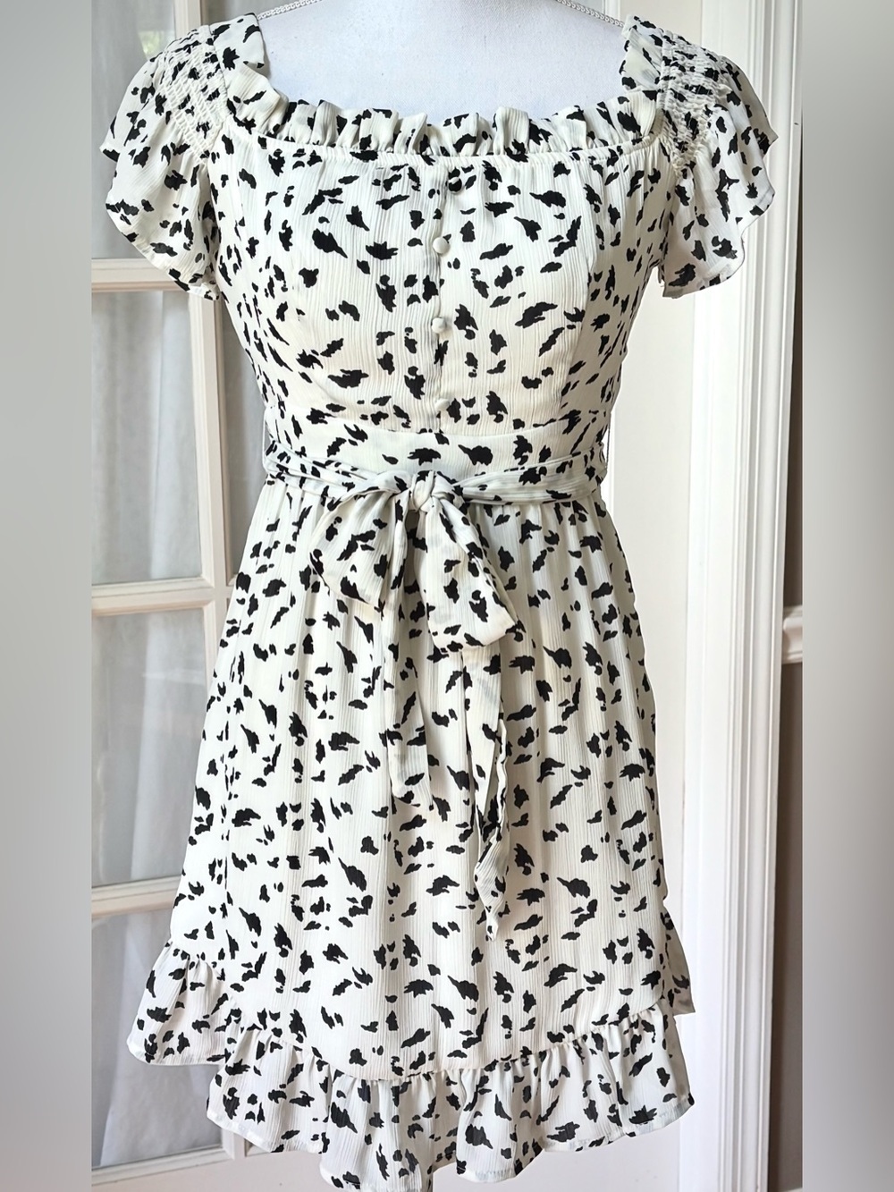 Wild Honey NWT Western Milkmaid Mini Dress Ivory Black Tie Waist S - Picture 1 of 11